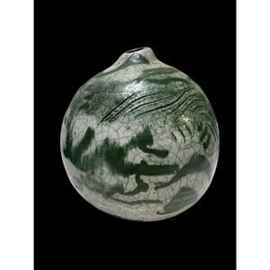 Raku Crackle Round Weed Pot Vase Marked Green Abstract Pattern (Chipped Rim)